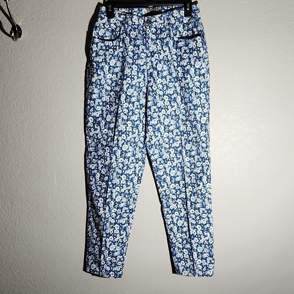 Lis Claiborne Liz Wear Pants Size 10 Petite Blue White Floral Flower